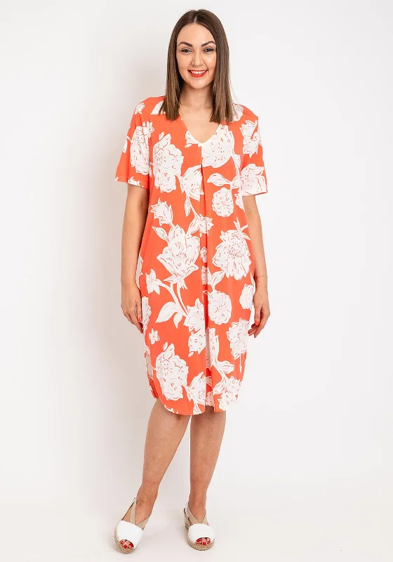 Freequent Floi Floral Print V Neck Dress, Hot Coral