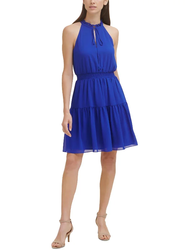 Womens Tiered Mini Halter Dress