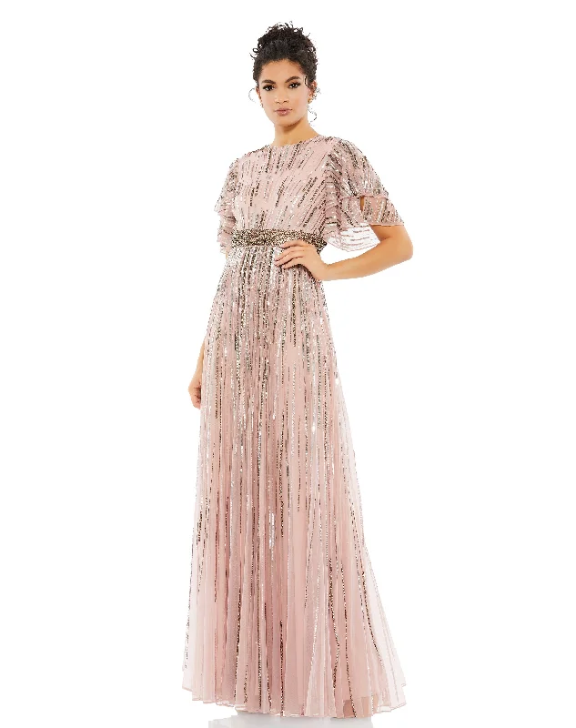 Embellished Full Length Layered Sleeve Gown