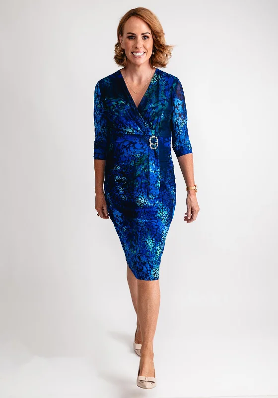 Avalon Rose Print Wrap Buckle Dress, Blue