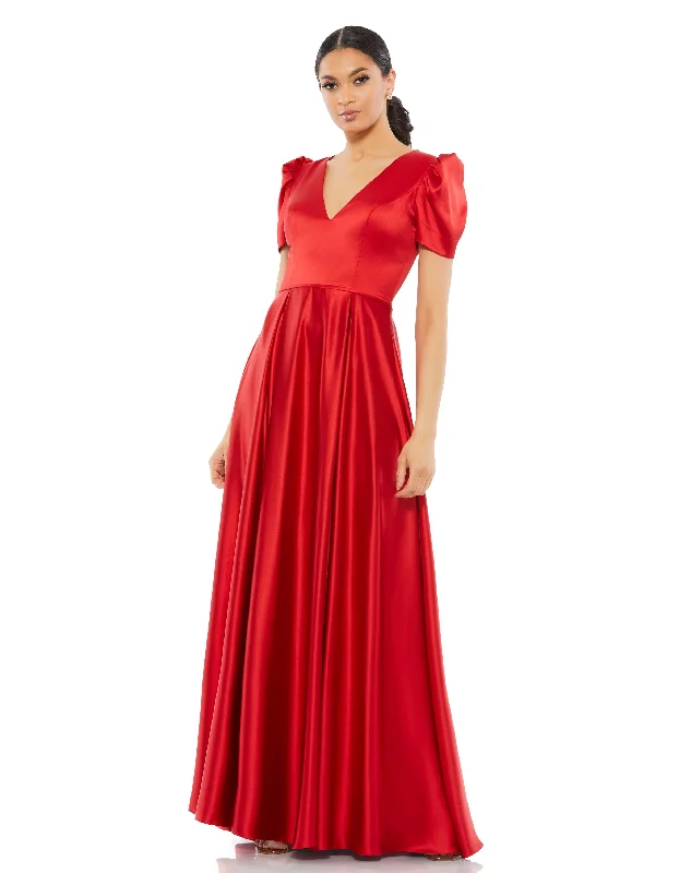 Puff Sleeve V-Neck Satin Gown