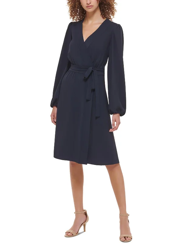 Womens Blouson Sleeves V-Neck Wrap Dress