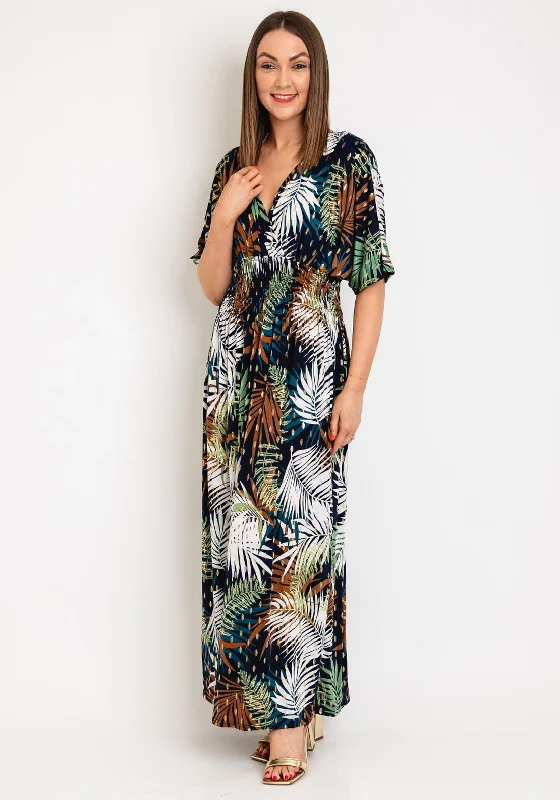 Serafina Collection One Size Leaf Print Maxi Dress, Navy