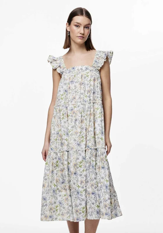 Pieces Mary Floral Midi Dress, Cloud Dancer