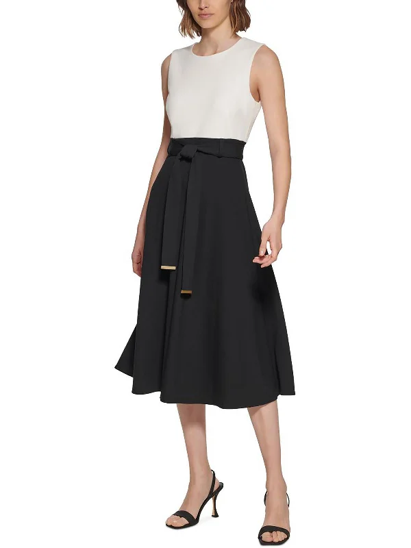 Womens Belted Midi Fit & Flare Dress