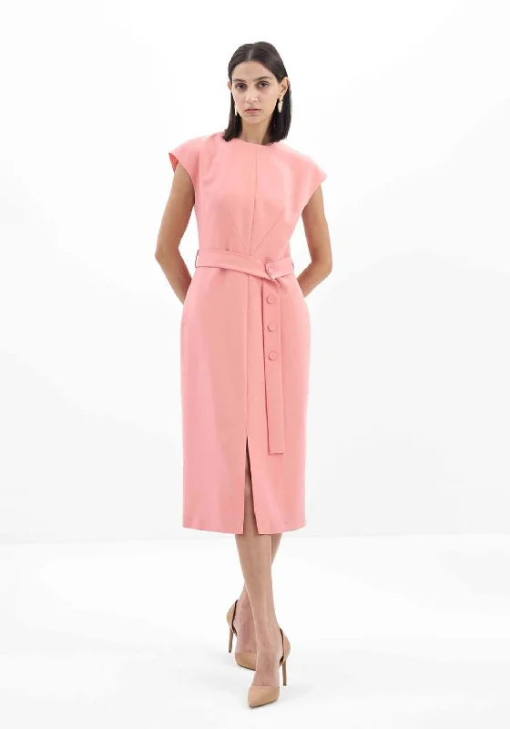 Birélin Button Fasten Belt Midi Dress, Apricot