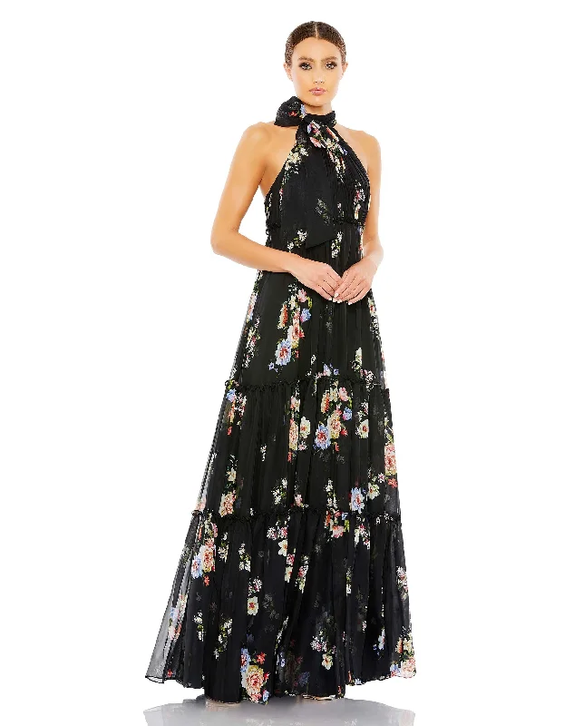 Floral Print Ruched Tiered High Neck Bow Gown