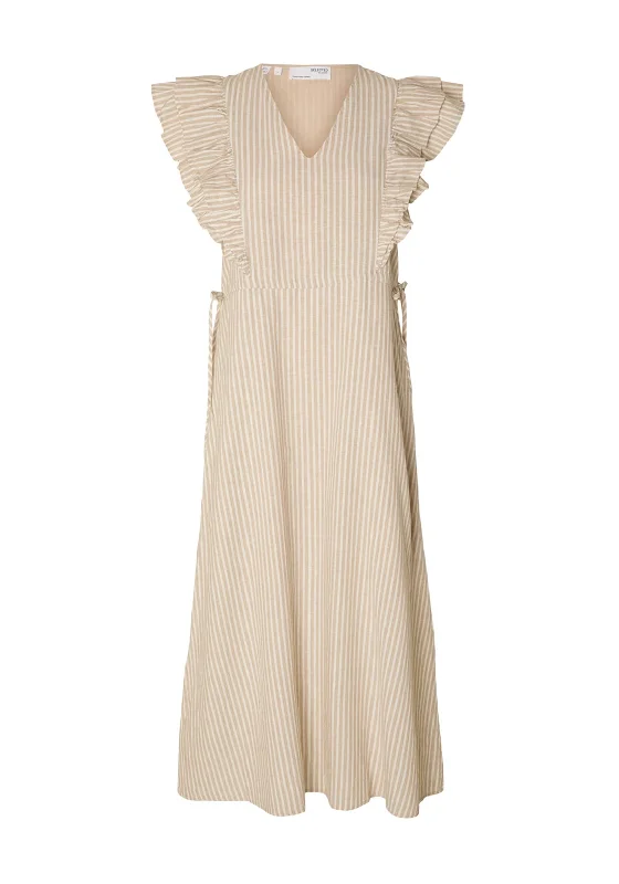 Selected Femme Hillie Frill Sleeve Striped Linen Dress, Humus