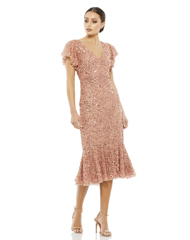 Sequined V Neck Flutter Cap Sleeve Trumpet Dress