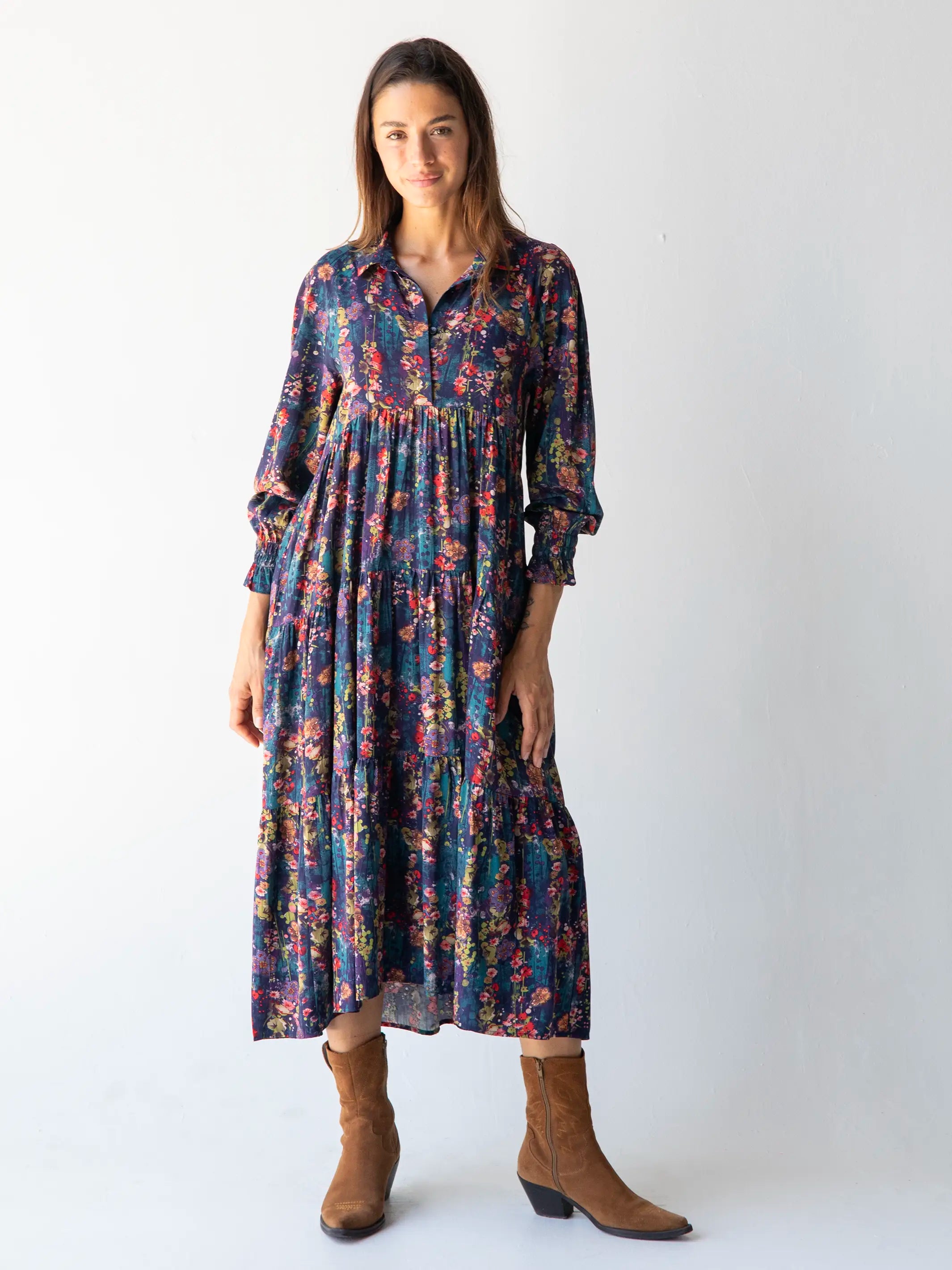 Rebecca Long Sleeve Midi Dress - Watercolor Indigo Floral