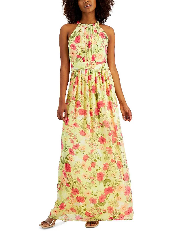 Womens Floral Print Halter Maxi Dress