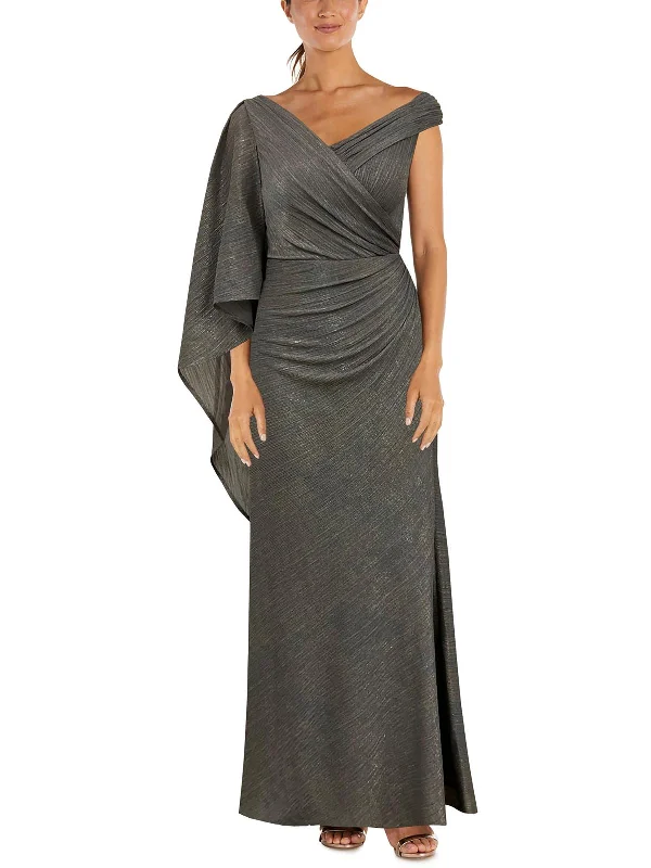 Womens Drapey Metallic Evening Dress