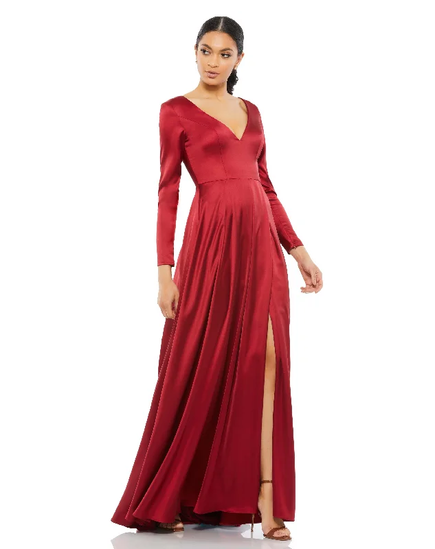 Satin V Neck Long Sleeve Pleated Gown