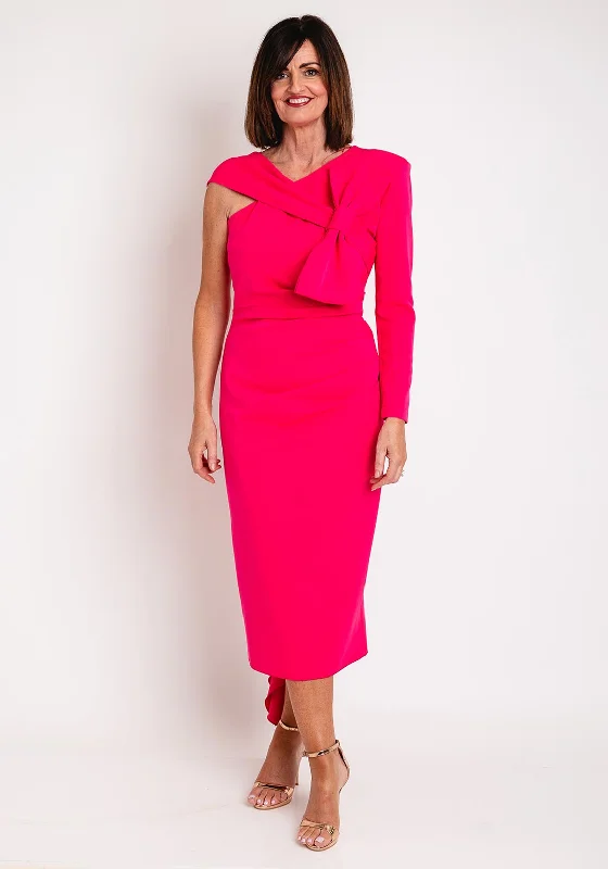 Kevan Jon Carolyn One Shoulder Bow Detail Midi Dress, Hot Pink