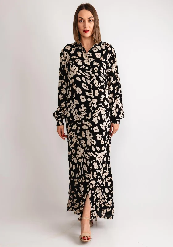 Kaffe Beathe Leopard Maxi Shirt Dress, Black