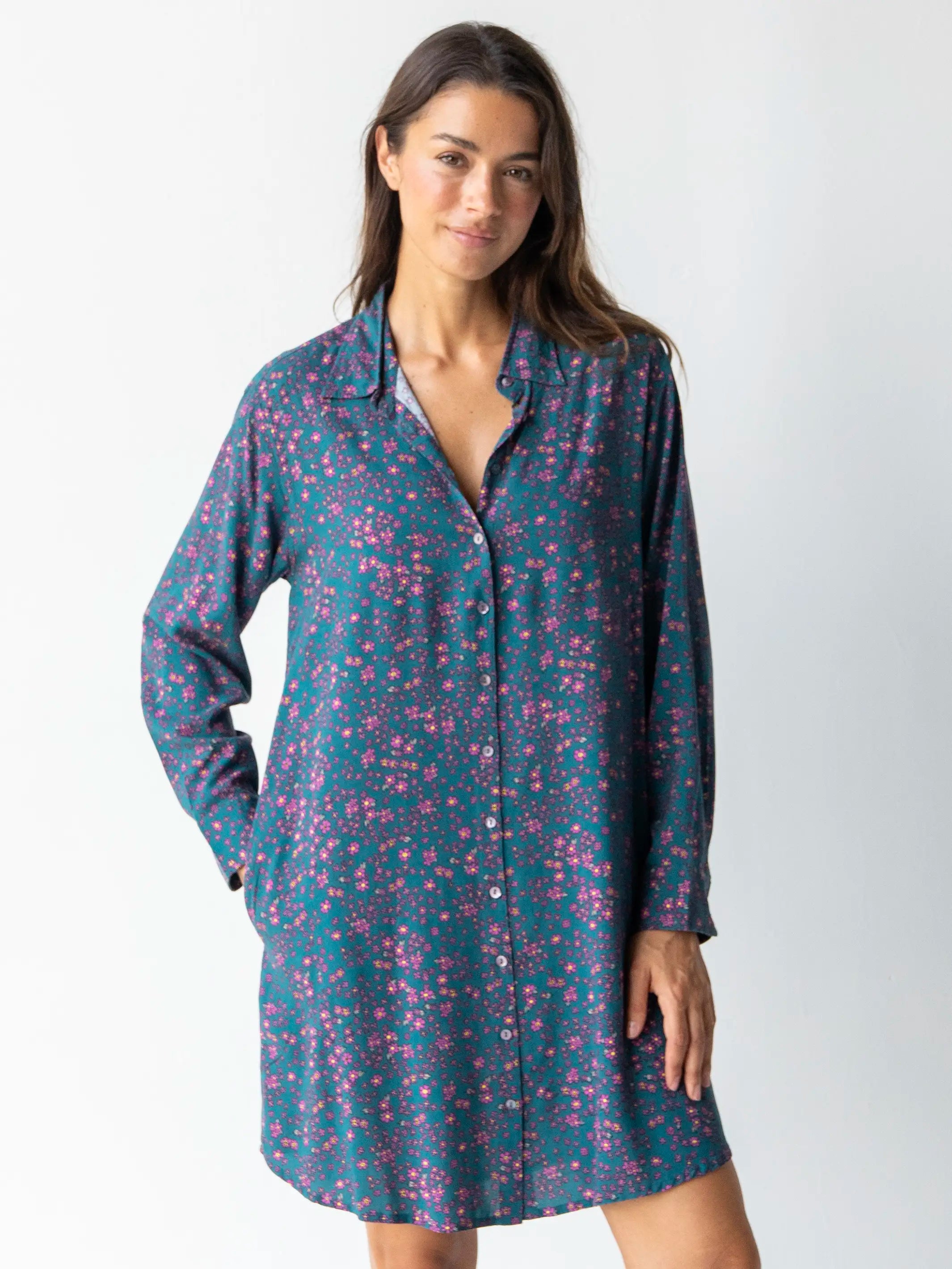 Georgia Shirt Dress - Dark Teal Purple Floral