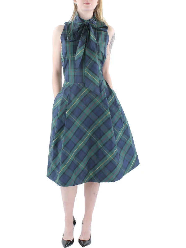 Womens Taffeta Plaid Midi Dress