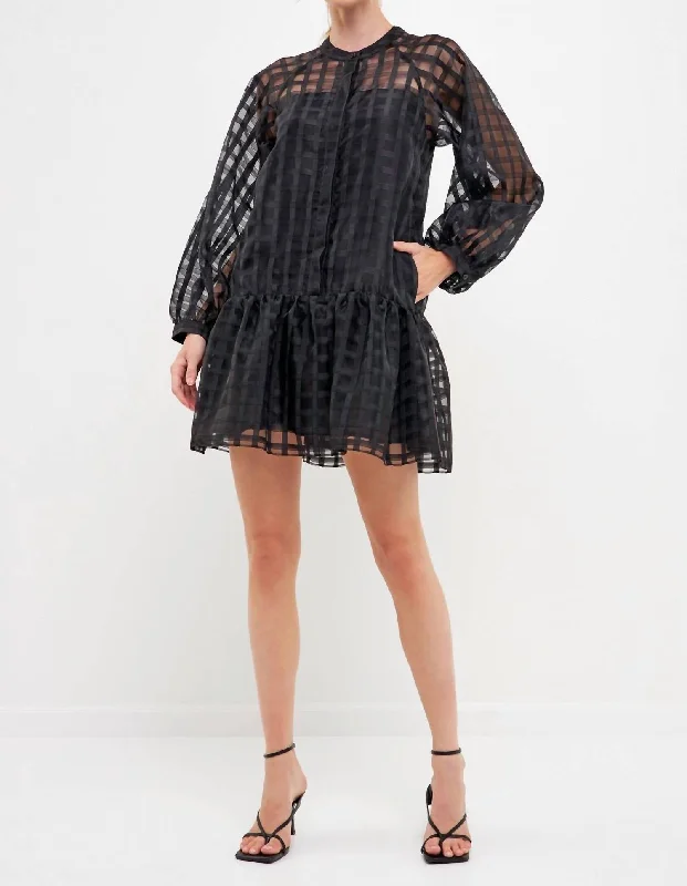 Sheer Checkered Organza Long Sleeve Mini Dress In Black