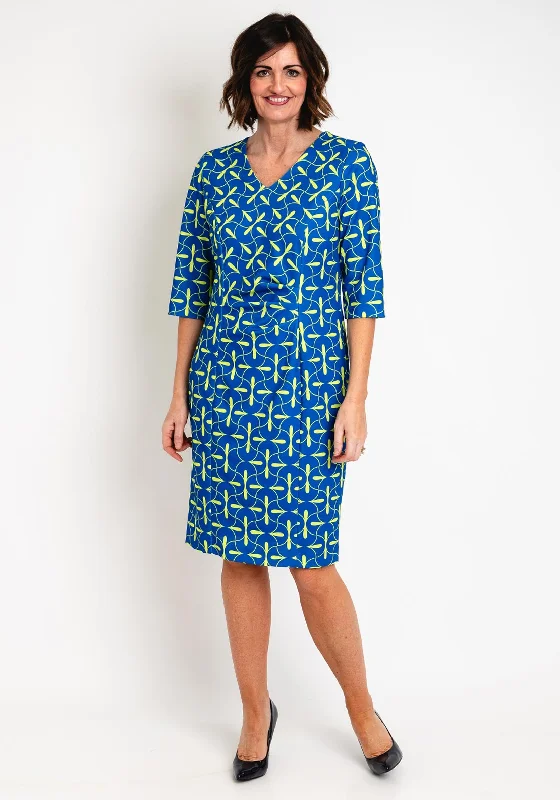 Via Veneto Printed Ruched Midi Dress, Royal Blue & Lime