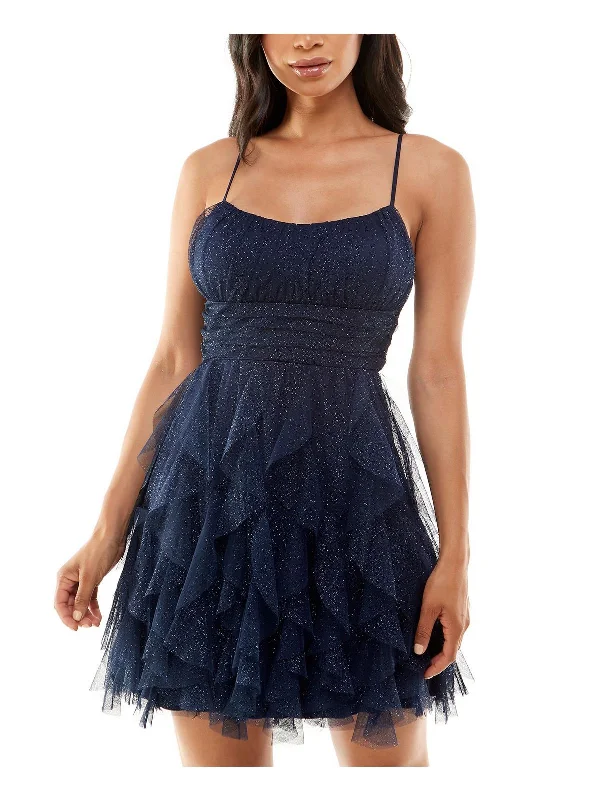 Juniors Womens Mesh Ruffled Cocktail and Party Dress