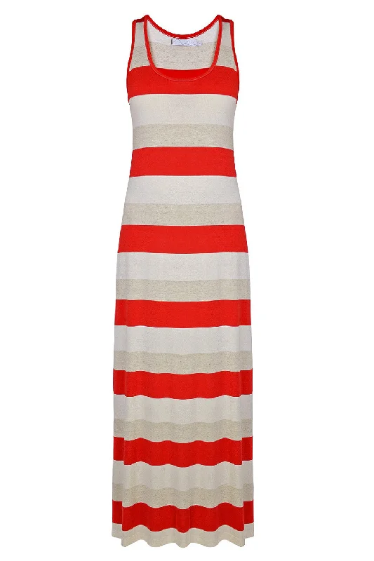 CARLOS MIELE KARLA Red and Beige Maxi Striped Dress