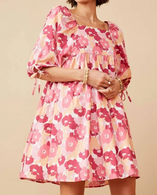 Floral Square Neck Dress In Piper Pink