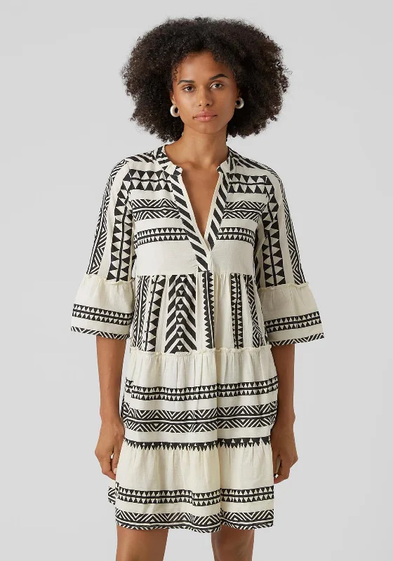 Vero Moda Dicthe Printed Tunic Smock Mini Dress, Snow White & Black