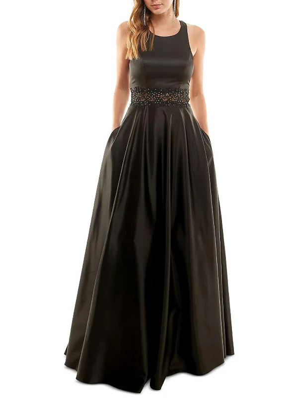 Juniors Womens Satin Embellished Evening Dress