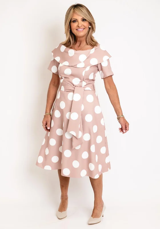 Coco Doll Hasta Polka Dot Midi Dress, Taupe