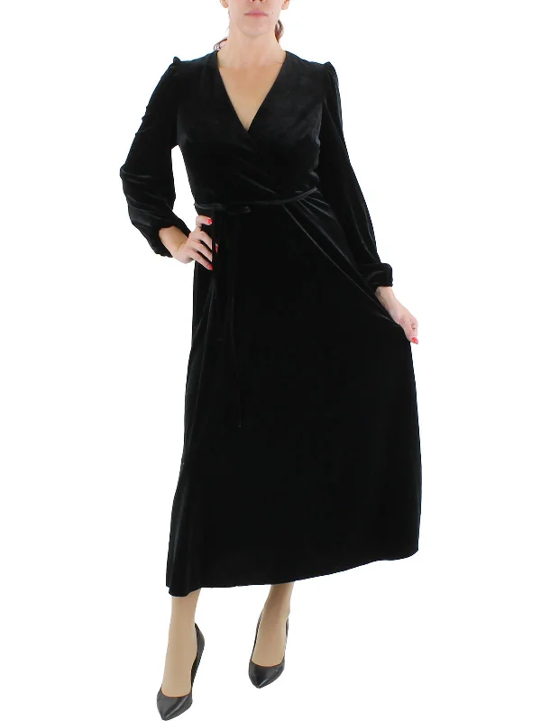 Womens Velvet Long Sleeves Midi Dress