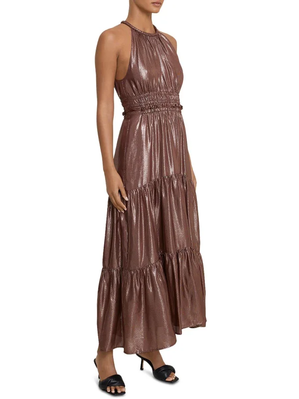 Elara Womens Metallic Halter Cocktail and Party Dress