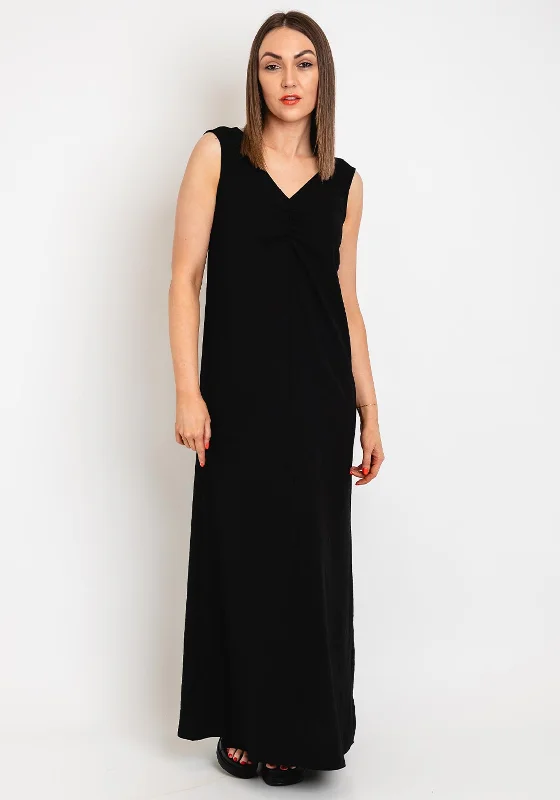 Kaffe Silja Ruched Bodice V Neck Long Dress, Black