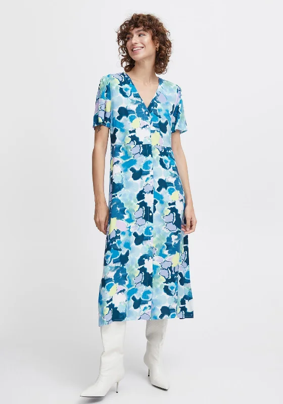 B.Young Joella Watercolour Inspired Buttoned Midi Dress, Angel Blue