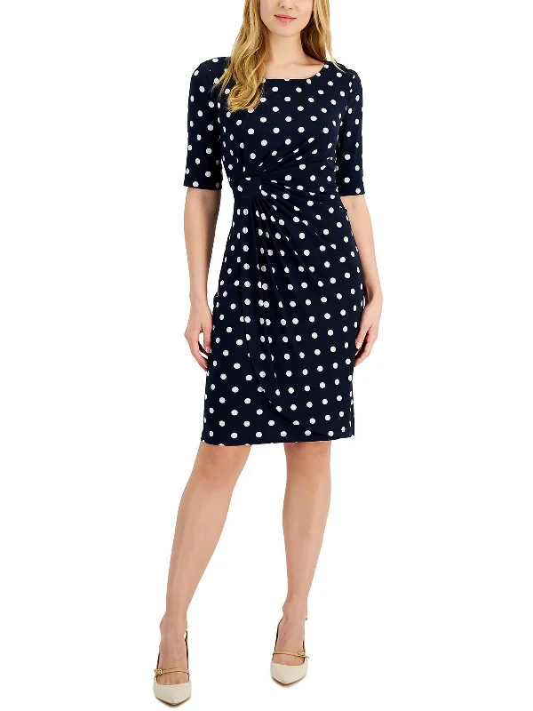 Petites Womens Polka Dot Ruched Sheath Dress