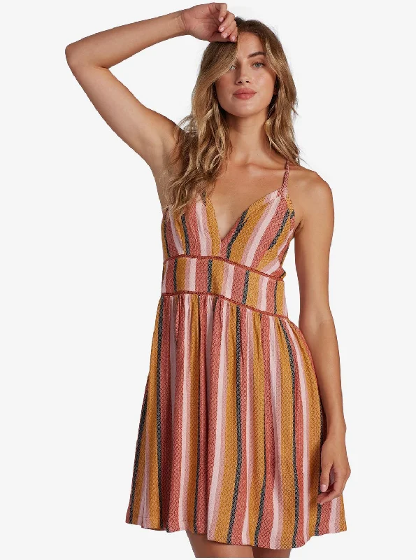 New Silver Light Strappy Dress - Auburn Multi Stripe