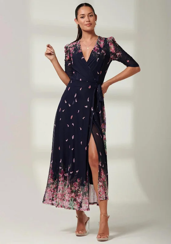 Jolie Moi Elkana Mirrored Floral Mesh Maxi Dress, Navy Multi