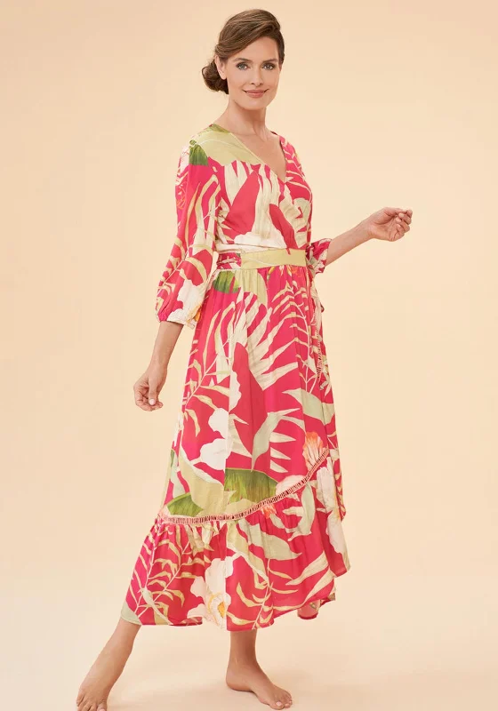 Powder Delicate Tropical Wrap Dress, Dark Rose