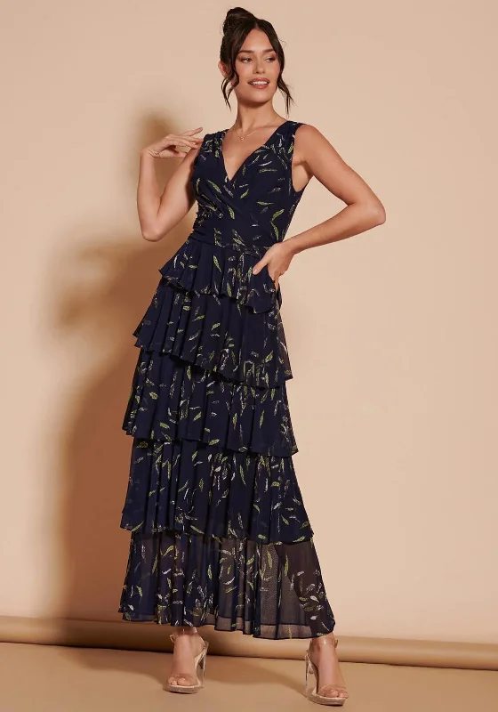 Jolie Moi Tiered Hem Mesh Maxi Dress, Navy Multi