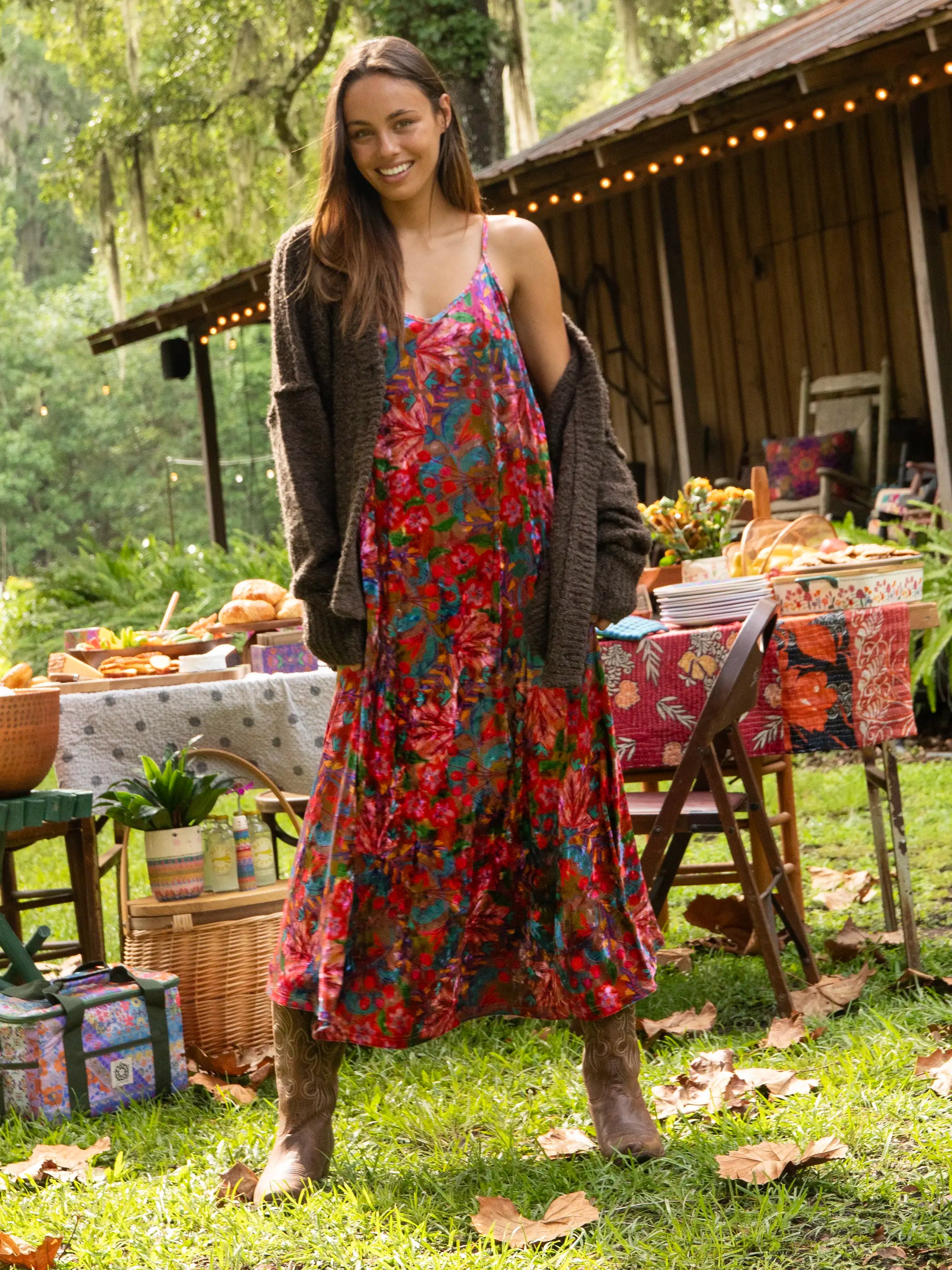 Gracie Velvet Slip Maxi Dress - Pink Red Folk Floral