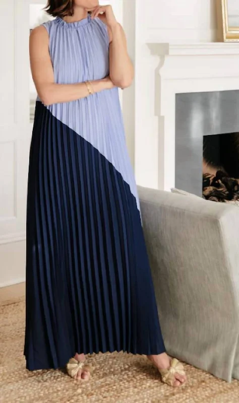 Hydrangea & Navy Emma Pleated Maxi Dress In Navy/blue