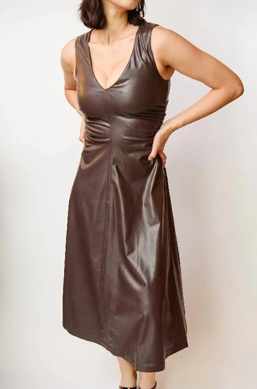 Sabal Faux Leather Midi Dress In Chocolate