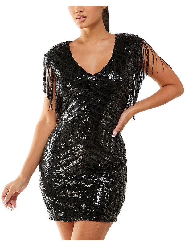 Juniors Womens Fringe Trim Sequined Cocktail and Party Dress