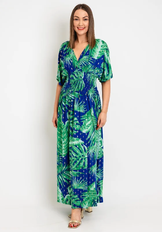 Serafina Collection One Size Tropical Leaf Maxi Dress, Blue & Green