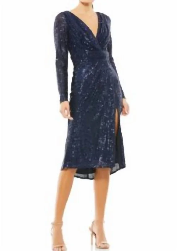 Sequin Long Sleeve Midi Dress In Midnight