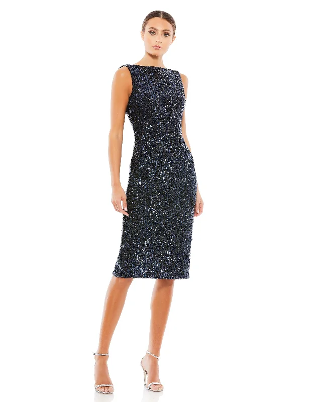 Draped Back Boatneck Sequined Cocktail Dress