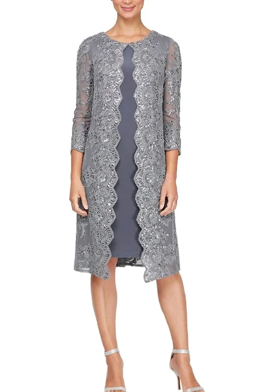 Short Embroidered Mock Jacket Dress In Grey