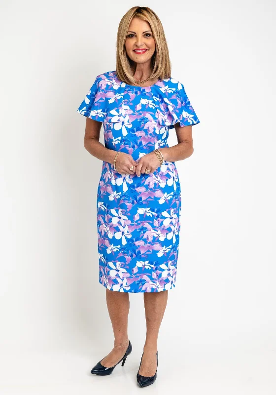 Avalon Carmen Cape Sleeve Printed Pencil Midi Dress, Blue