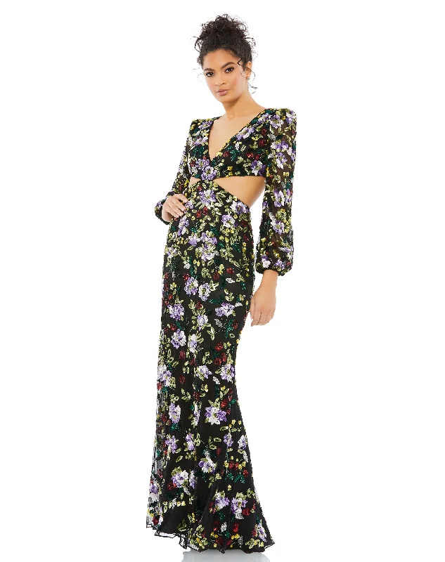 Floral Embellished Long Sleeve Cut Out Gown