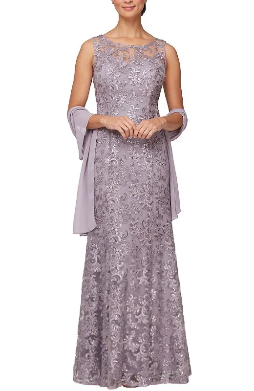 Sleeveless Illusion Neck Embroidered Gown In Lavender