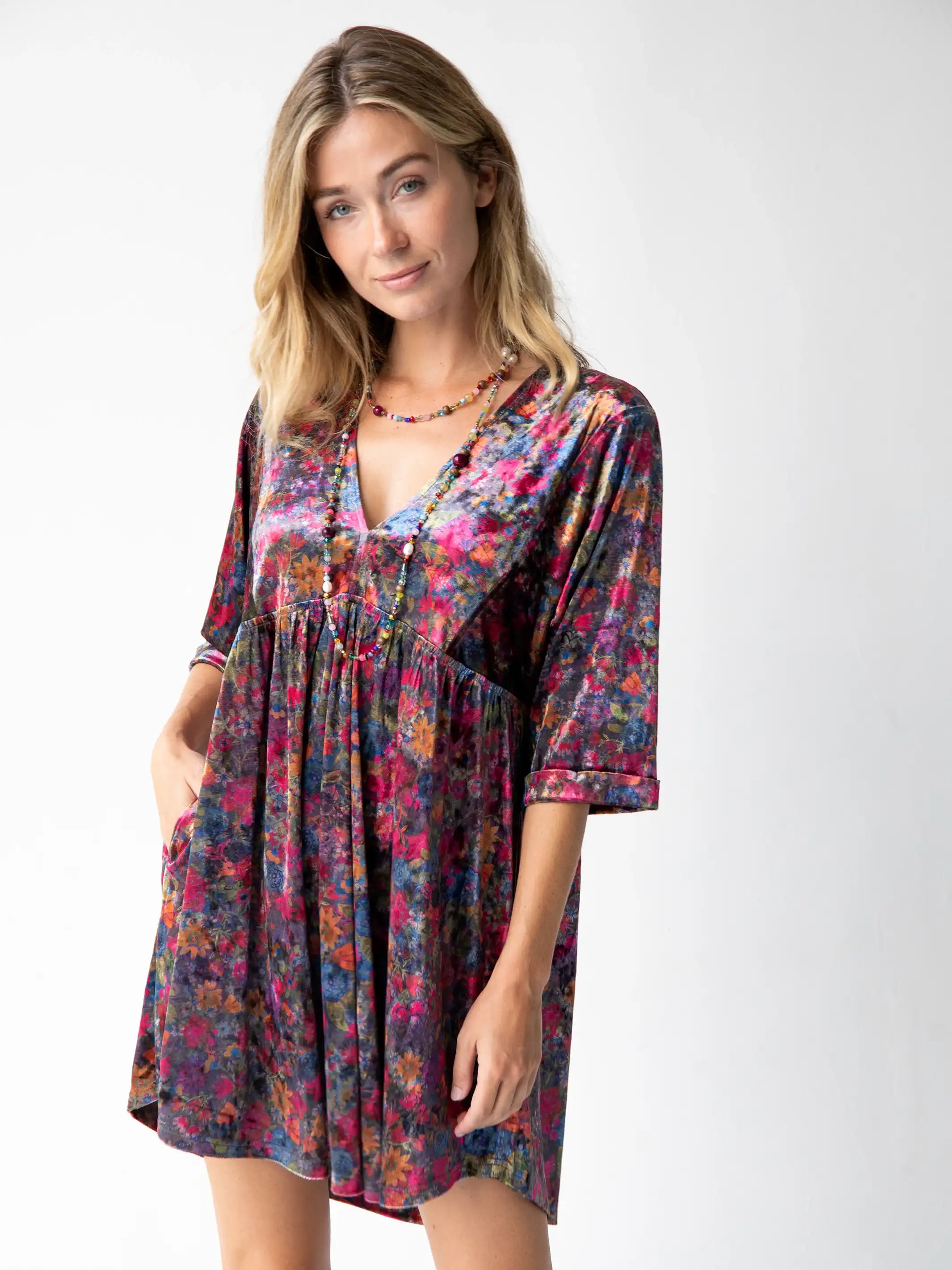 Stella Velvet Mini Dress - Dark Floral Garden